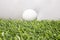 The golf ball is placed on a green artificial grass. It means getting ready to play golf