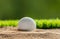 Golf ball in sand bunker near the lawn