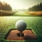 Golf ball sits on tee at the start of long drive, on golf course