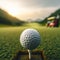 Golf ball sits on tee at the start of long drive, on golf course