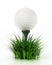 Golf ball standing on tee among grasses. 3D illustration