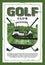 Golf car and golf club on lawn vector retro poster