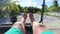 Golf cart buggy ride with feet up Holbox island Mexico