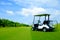 Golf cart on green lawn