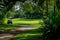 A golf cart in motion traversing down a dusty dirt road in a rural setting, A golf cart parked by the lush green course, AI