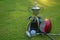 Golf champion trophy on green grass with golf clubs and golf ball in beautiful golf course