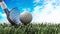 Golf club and ball standing on green grass. 3D illustration