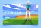 Golf club cartoon landing page. Golfer playing