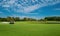 Golf club in the USA. Nature and sport. Panorama View of Golf Course with putting green. Golf course with a rich green