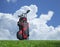 Golf clubs on grass with blue sky and clouds