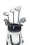 Golf clubs in a white bag on white background