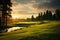 Golf course bathed in golden sunlight radiates a serene and picturesque beauty