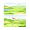 Golf course with green lawn, pond and red flags at sunny day vector illustration