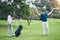 Golf course, men friends and celebration for winning, eagle shot or training together with happiness. Black man, golfer
