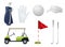 Golf equipment. Car white balls golf stick point flags grass sport bag decent vector illustrations set in realistic