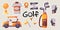 Golf golfing club object collection set illustration sticker style from buggy cart gloves shirt putting ball