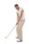 Golf man, sports and swing of driver in studio isolated on a white background ready to start game. Training, golfer and
