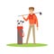 Golf player in a blue pullover standing with a bag of golf clubs vector Illustration