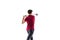 Golf player in a red shirt taking a swing isolated on white studio background