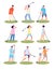 Golf playing. Cartoon fun golfing players, sport time. Isolated golfers in uniform sporting outfits. Flat men women