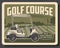 Golf sport green course, flag, hole and cart