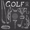 Golf Sport Hand drawn sketch set vector illustration with golf clubs, ball, tee, hole with flag, and prize cup, Drawing doodles el