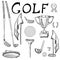 Golf Sport Hand drawn sketch set vector illustration with golf clubs, ball, tee, hole with flag, and prize cup, Drawing doodles el