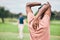 Golf, sports and black man stretching arms on course for game, practice and training for competition. Professional