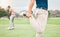 Golf, sports and man stretching legs on course for game, practice and training for competition. Professional golfer