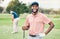 Golf, sports and portrait of black man with smile on course for game, practice and training for competition