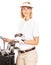 Golf woman, club bag and focus in studio with goal, dream and sports equipment by white background. Isolated golfer girl