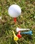 Golfball with tees on grass