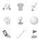 A golfer, a ball, a club and other golf attributes.Golf club set collection icons in monochrome style vector symbol