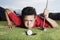 Golfer blowing ball into cup.