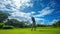 A golfer executing a flawless swing on a pristine course, surrounded by lush greenery and blue skies