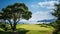 A golfer executing a flawless swing on a pristine course, surrounded by lush greenery and blue skies