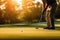 Golfer Focused on Perfecting the Putt at Sunset. Generative AI