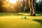 Golfer Focused on Perfecting the Putt at Sunset. Generative AI