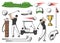 Golfer and golf club sport items, equipment icons