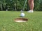 Golfer puts the ball on green golf closeup
