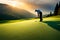 A golfer\\\'s putter resting on the green, casting a shadow over the precise line they are studying before a critical putt