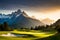 A golfer\\\'s view from the tee, with a stunning mountain range providing a breathtaking backdrop to the course