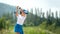 Golfer sport course golf ball fairway. People lifestyle woman playing game golf tee of on the green grass.