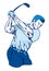 Golfer swinging club blue