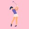 Golfer woman in flat style. Golfer woman aiming to do a good kick isolated illustration on pink background.