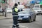 GOMEL, BELARUS - December 18, 2017: Officer of the road patrol service with a baton..