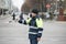 GOMEL, BELARUS - December 18, 2017: Officer of the road patrol service with a baton..