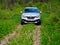 GOMEL, BELARUS - MAY 16, 2021: Renault silver car in the green forest