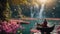 gondola country A fantasy boatman punting a boat on a river of flowers, with waterfalls, butterflies,