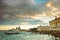 Gondola in grand canal at sunset, in venice italy